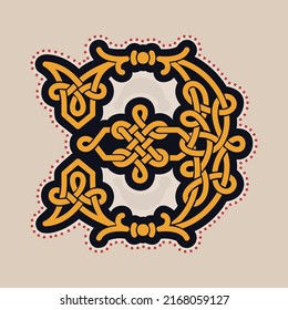 Number three logo with Celtic knots, spiral lines, and red dots. Dim colored medieval initial. Perfect icon for ancient identity, Middle Ages print, barbarian posters, and heraldic monograms.