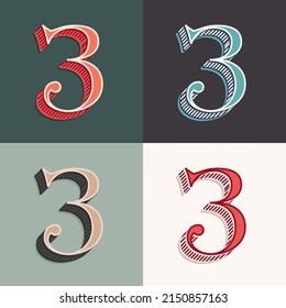 Number three logo in classic three-dimensional, elegant retro style. Perfect for creating classical printing, retro design, clothing embroidery, product packaging, vintage header, luxury identity.