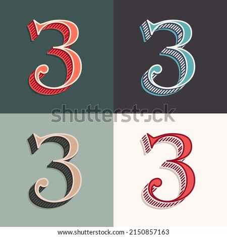Number three logo in classic three-dimensional, elegant retro style. Perfect for creating classical printing, retro design, clothing embroidery, product packaging, vintage header, luxury identity.