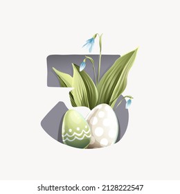 Number three logo with Easter eggs in classic design, lily of the valley leaves, and snowdrop flowers. Perfect for your greeting cards, and posters design.