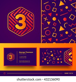 Number three logo element with seamless pattern and business card. Vector design template elements for your application or corporate identity