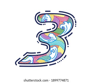 Number three logo formed by neon line or fingerprint. Vector design for banner, presentation, web page, card, labels or posters, logo.