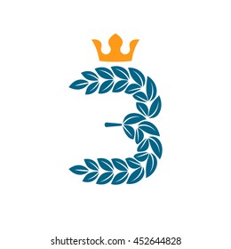 Number three logo formed by laurel wreath with crown. Vector design for banner, presentation, web page, card, labels or posters.