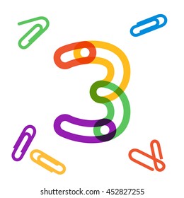 Number three logo formed by paper clip. Vector design for banner, presentation, web page, card, labels or posters.