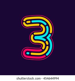 Number three logo formed by neon line or fingerprint. Vector design for banner, presentation, web page, card, labels or posters.