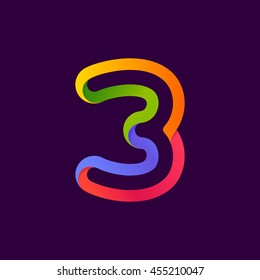 Number three logo formed by colorful neon line. Vector design for banner, presentation, web page, card, labels or posters.