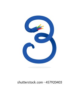 Number three logo formed by electric cable. Technology vector design for banner, web page, card, labels or posters.