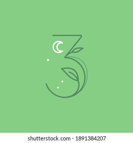 Logotipo número tres con elegante decoración de luna, estrellas y hojas. Es perfecto para usar en cualquier marca vintage, embalaje romántico, afiches ecológicos, diseño de blogs astrología, invitaciones vacacionales.