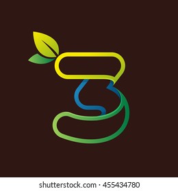 Number three logo with green leaves. Vector design for ecology company, card, labels or posters.