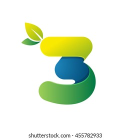 Number three logo with green leaves. Vector design for ecology company, card, labels or posters.