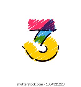 Number three logo hand drawn with a colored pencils. Perfect vector childish font for a school style cartoon, cute comic print, kindergarten posters, etc.