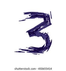 Number three logo hand drawn with dry brush. Rough strokes style.  Vector grunge style design elements for T-shirt, label, badge, card or poster.