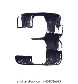 Number three logo hand drawn with dry brush. Vector grunge style design elements for T-shirt, label, badge, card or poster.