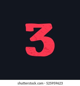Number three logo hand drawn with bold brush. Manual tracing with clean lines and grunge texture. Vector elements for T-shirt, label, badge, card or poster.