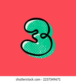 Number three logo hand-drawn with a marker with paint shift effect and vintage grunge texture. Vector cartoon typeface for fun zone decoration, children's collages, a toy company, cute art posters.