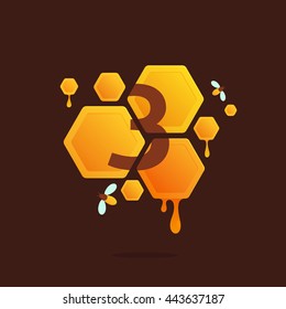 Number three logo in Honeycomb with flowing honey. Colorful vector design for banner, presentation, web page, app icon, card, labels or posters.