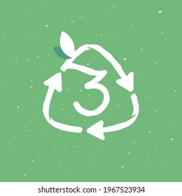 Number three logo inside reuse sign in grunge linear style. Flat design of recycling symbol and leaves for your upcoming eco-friendly and zero waste projects. 