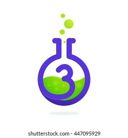 Number three logo in laboratory beaker. Vector elements for science, biology, physics or chemistry design.