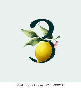 Number three logo with lemons in vector watercolor style. Illustration of green leaves, flowers, buds, and branches. Citrus fruit slices and splashing juice arrangements.