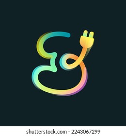 Logotipo número tres de gradiente vívido curvo con icono de enchufe y brillo arcoíris. Emblema multicolor superpuesto. Ideal para aplicaciones eléctricas coloridas, señal de carga ecológica, publicidad tecnológica.