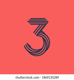 Number three logo made of five parallel lines with noise texture. Impossible shape style. Vector vintage font for boutique labels, chic headlines, jewelry posters, wedding cards etc.