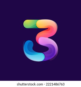 Number three logo made of overlapping colorful lines. Rainbow vivid gradient modern icon. Vector one line typeface for tech branding design, nightlife labels, multimedia posters, futuristic identity.