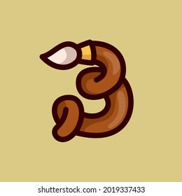 Number three logo made of a paint brush. Vector typeface for the 1st September events, preschools identity, Back to school posters, etc.