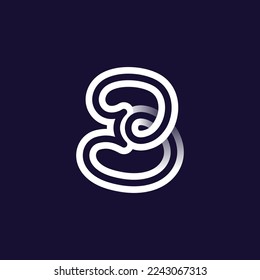 Number three logo made of two white parallel lines on black background. Infinite loop icon. Overlapping elegant emblem. Ideal for dynamic app, minimalism design, sports identity, technology adv.