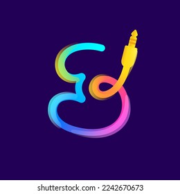 Number three logo made of vivid gradient line wire with mini jack icon and rainbow shine. Overlapping multicolor emblem. Ideal for music app, audio design, DJ identity, technology advertising.