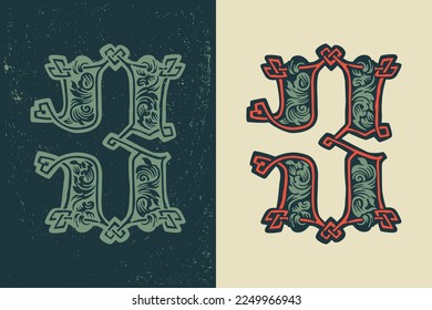 Logotipo número tres en estilo de líneas de nudos medievales. Tapa de caída de color oscuro. Emblema bárbaro grabado. Iniciales iluminadas por vintage. Perfecto para identidad de primera calidad vintage, afiches celtas, embalaje de lujo.