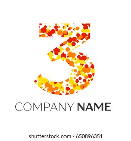 Number three logo with orange, yellow, red particles and bubbles dots on white background. Vector template for your design