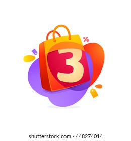 Number three logo in shopping bag icon and Sale tag. Colorful vector design for banner, presentation, web page, app icon, card, labels or posters.
