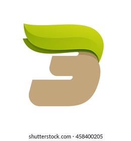 Number three logo with speed green leaves. Ecology vector design for banner, presentation, card, labels or posters.