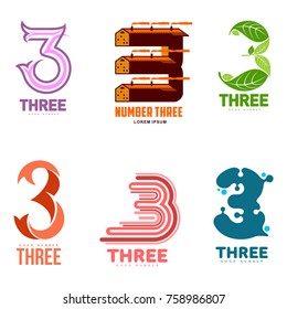 Number three logo templates. Full color graphic number three logo templates, corporate identity, vector illustrations isolated on white background.