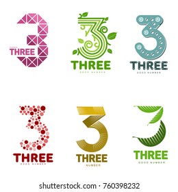 Number three logo templates. Full color graphic number three logo templates, corporate identity, vector illustrations isolated on white background.