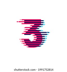 Number three logo with vibrant line glitch effect. Vector font perfect to use in your nightlife labels, expressive game screen, electronic identity.