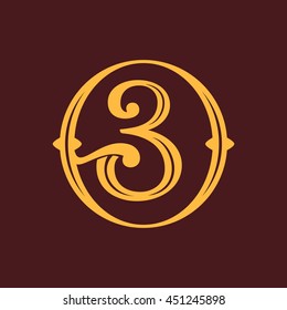 Number three logo in vintage circle. Luxury vector design for banner, presentation, web page, card, labels or posters.