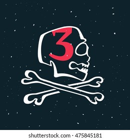Number three logo in vintage style skull. Vector design for banner, flag, t-shirt, labels or posters.