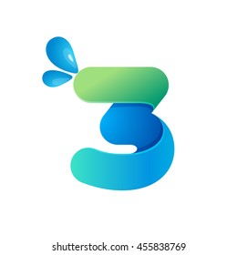 Number three logo with water waves and drops. Vector design for ecology company, card, labels or posters.