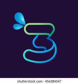 Number three logo with water waves and drops. Vector design for ecology company, card, labels or posters.