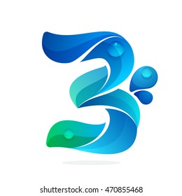 Number three logo with water waves and drops. Vector elements for ecology banner, presentation, web page, card, labels or posters.