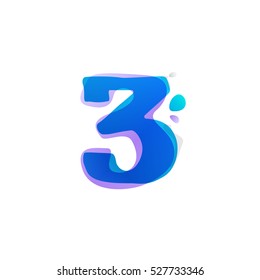 Number three logo with watercolor splashes. Color overlay style. Vector ecology typeface for labels, headlines, posters, cards etc.