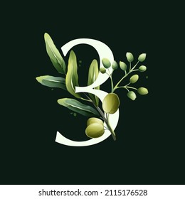 Number three logo in watercolor style with olive branches. Illustration of mediterranean berries, green leaves, flowers, buds, and branches. 