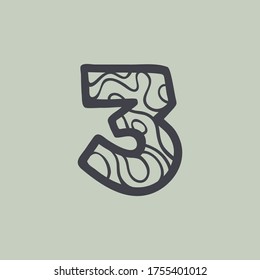 Number three logo with waves line pattern. Perfect font for water or desert design, landscape print, travel card and ecology concepts, etc.