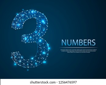 number three low poly abstract illustration consisting of points, lines, and shapes in the form of planets, stars and the universe. Vector digit 3 wireframe concept.