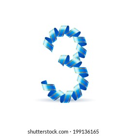 Number three made of blue curled shiny ribbon