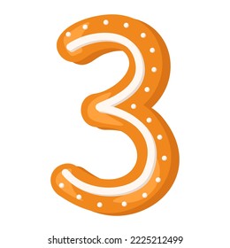 Nummer drei aus glasiertem Lebkuchen. Feierliche Schrift, Symbol von Frohem Neujahr und Weihnachten, Zeichen und Zahlen von verschiedenen Formen. Vektorgrafik