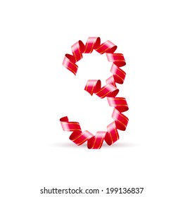 Number three made of red curled shiny ribbon