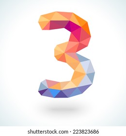Number three in modern polygonal crystal style. Vector illustration colorful bright design. Formed by triangles. For party poster, greeting card, banner or invitation. Cute numerical icon and sign.