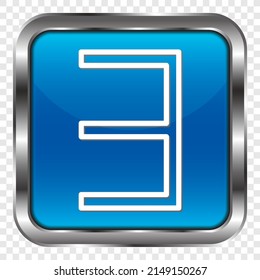 Number three, numeral simple icon vector. Flat design. Metal, blue square button. Transparent grid.ai
